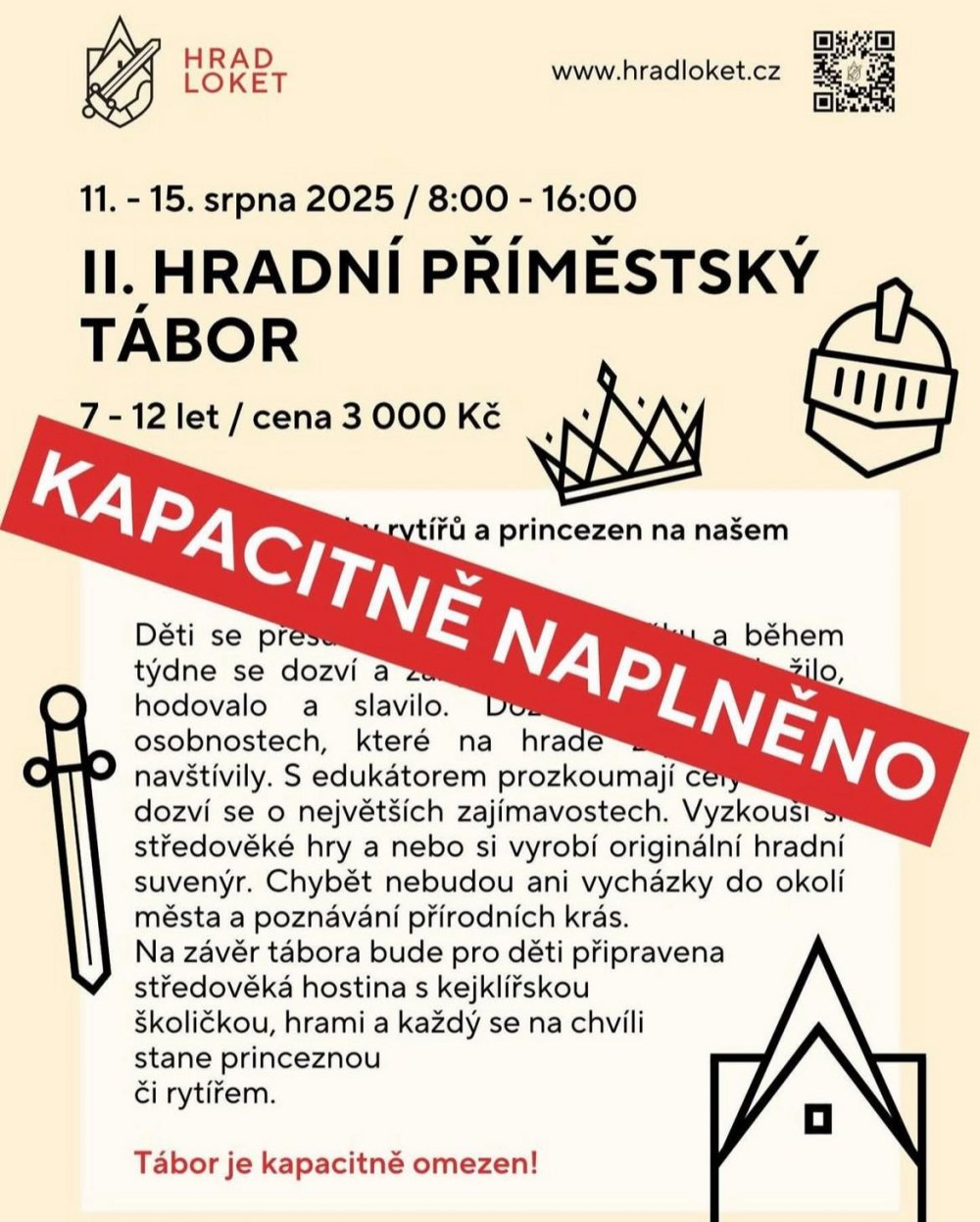 Hradní tábor od 11.8. kapacitně naplněn